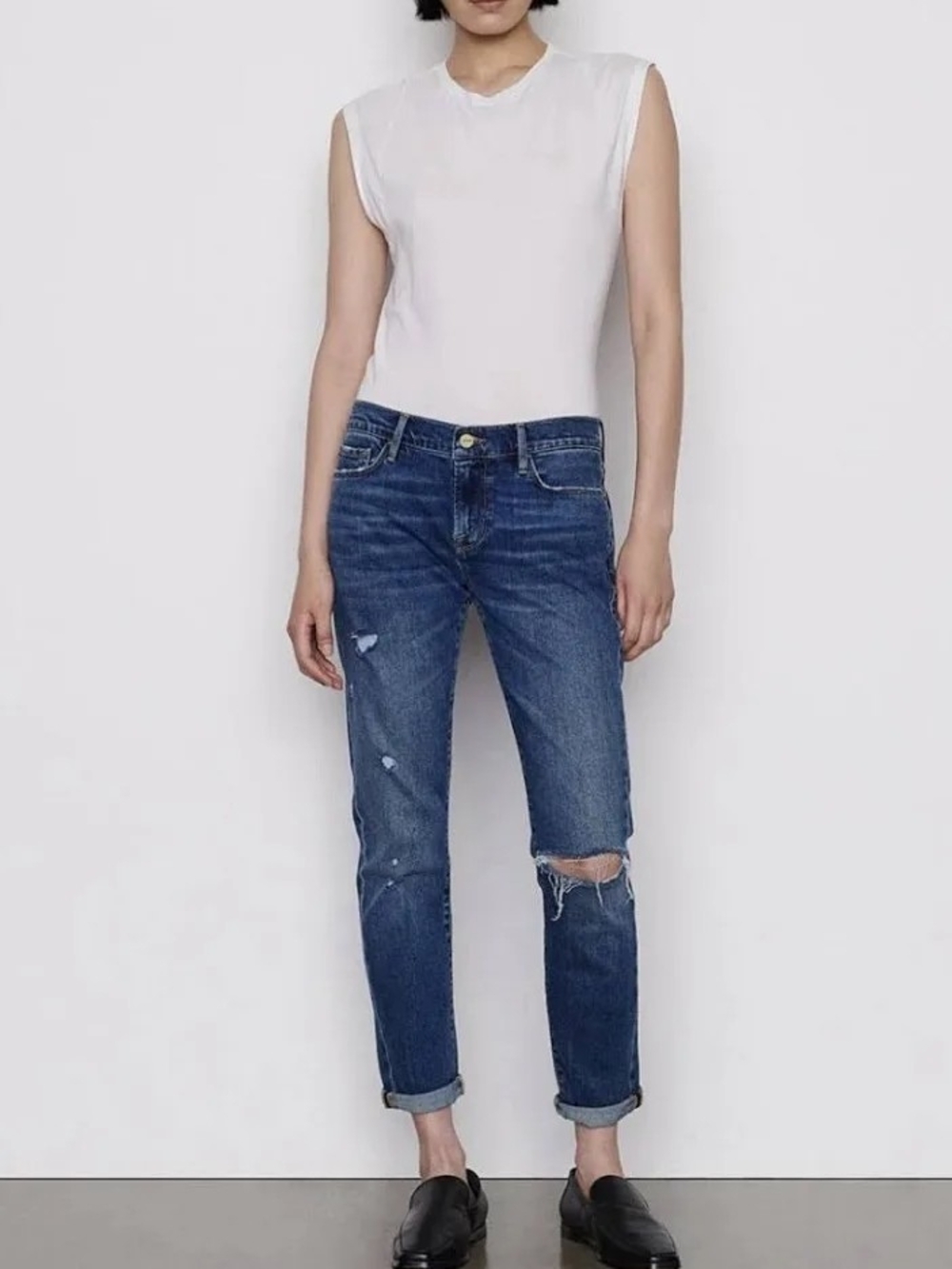 FRAME Denim Jeans Le Garcon Eaton Distressed Slim Boyfriend Jeans Sz 27